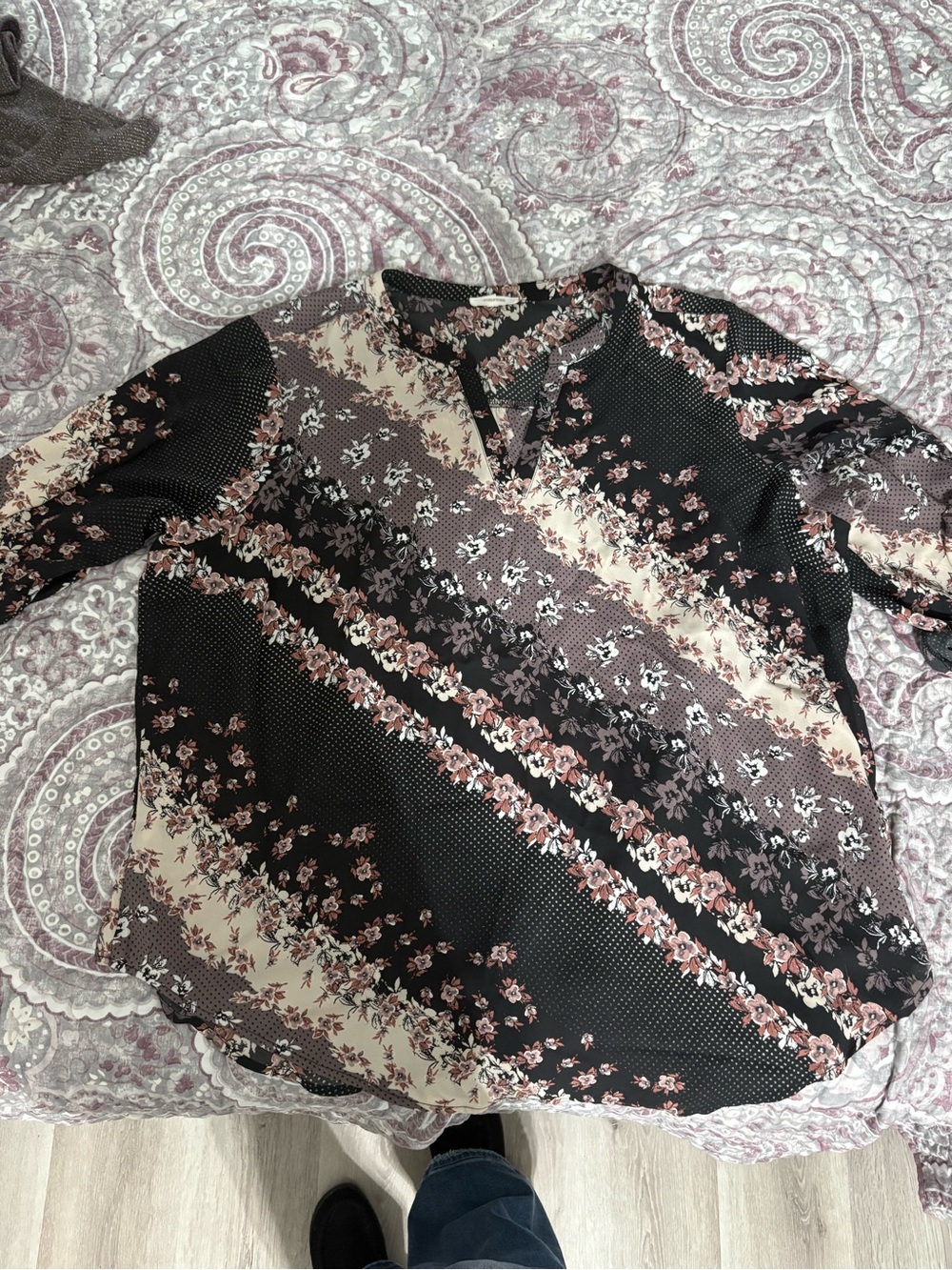 Maurices Black & Cream Floral Diagonal Stripe V-Neck Blouse